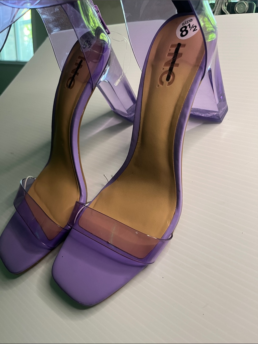 Clear Strap Purple Block Heel Sandals - Size 8.5